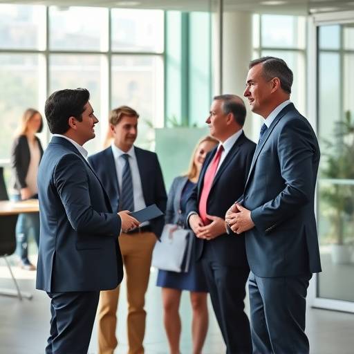 Représentation d'une réunion d'affaires internationale, avec des participants discutant en anglais
